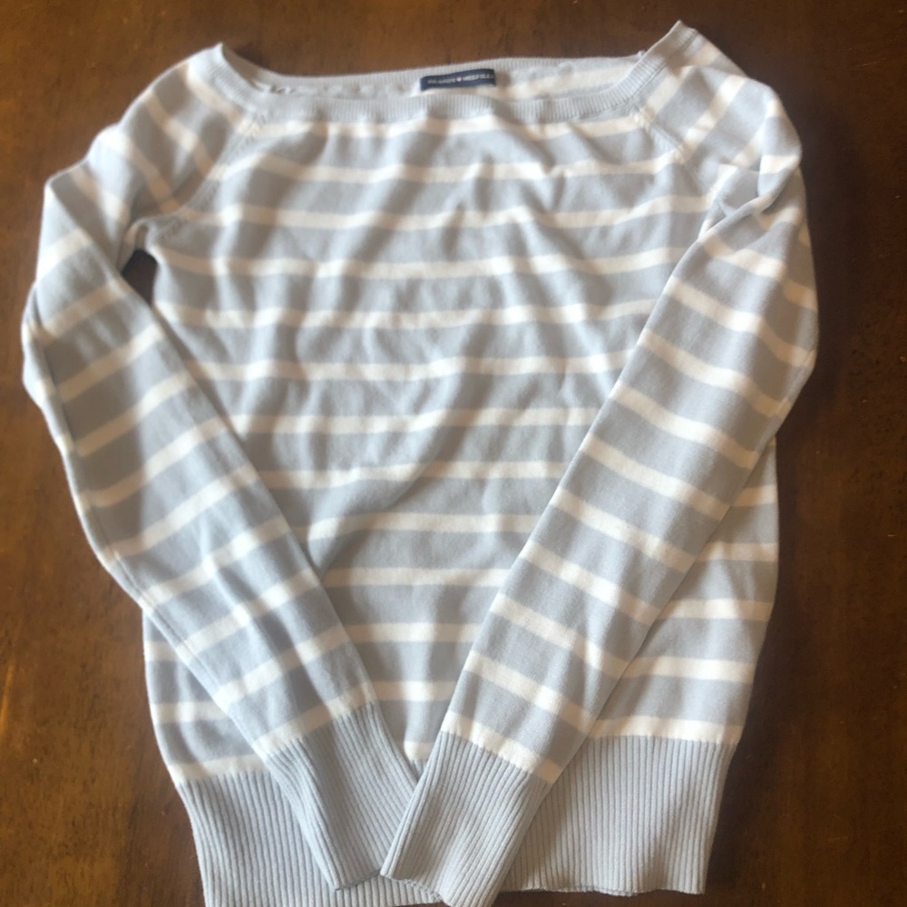 Brandy Melville Light Blue and White Striped Crew Sweater